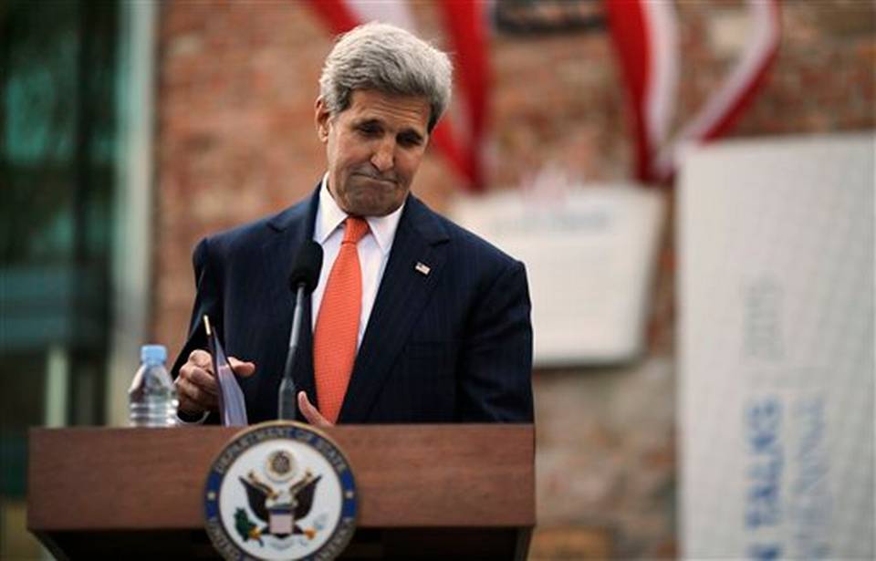 U.S. Secretary of State John Kerry pauses as he delivers a statement to the media on the Iran nuclear talks in Vienna Austria