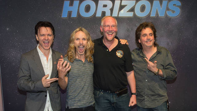 Styx band members share laughs with the scientist who discovered Styx Pluto’s moon. Left to right Lawrence Gowan Tommy Shaw New Horizons’ Mark Showalter and Todd Sucherman Credits NASA  Joel Kowsky