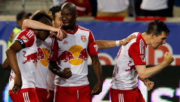 New York Red Bulls Bradley Wright Phillips and Sacha Kljestan celebrate vs. NYCFC