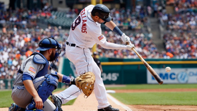 Nick Castellanos of the Detroit Tigers hits a double during the first inning on Saturday in Detroit