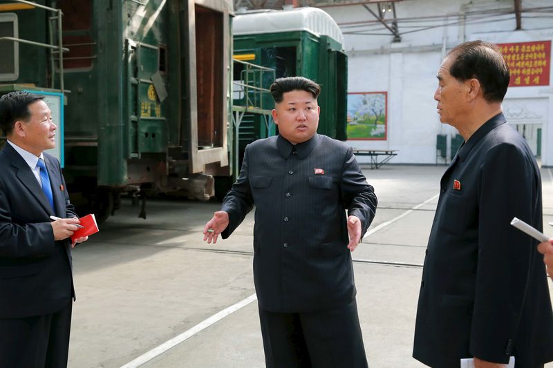 North Korean leader Kim Jong Un provides field guidance to the Kim Jong Thae Electric Locomotive Complex