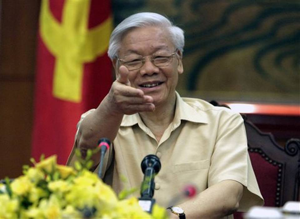 Vietnamese Communist Party General Secretary Nguyen Phu Trong gestures during a meeting with the Western press in Hanoi Vietnam. Trong doesn't hold an official government post but it's not surprising that