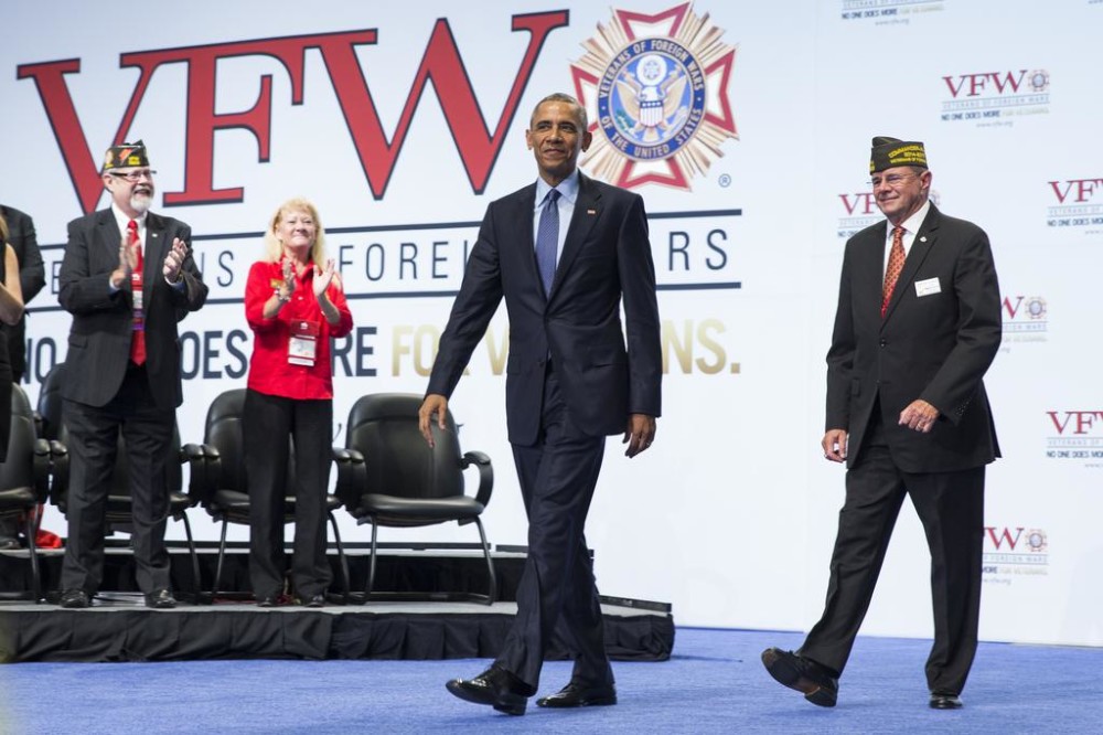 President Barack Obama arrives to deliver a speech at the 116th National Convention of the Veterans of Foreign Wars on Tuesday in Pittsburgh