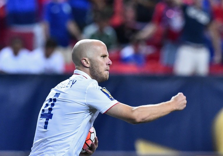 Michael Bradley of the US celebrates scoring against Jamaica during a CONCACAF Gold Cup semifinal football match in Atlanta