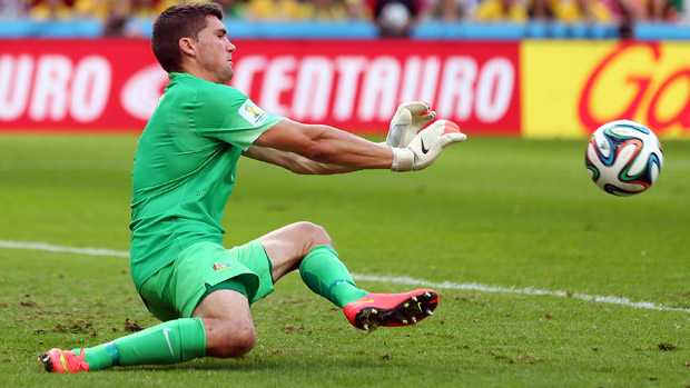 Mat Ryan in action for the Socceroos at the 2014 FIFA World Cup