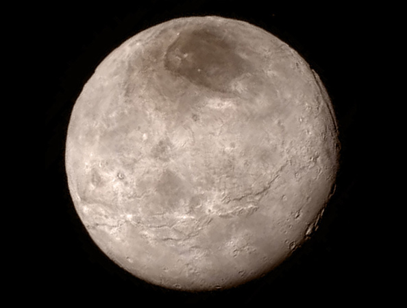 In this handout provided by the National Aeronautics and Space Administration, Pluto's largest moon Charon is shown from a distance of 289,000 miles from the Long Range Reconnaissance Imager aboard NASA's New