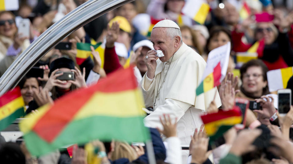 The pope is heading to his first public event of the day in Bolivia an open-air Mass in Santa Cruz's Christ the Redeemer square