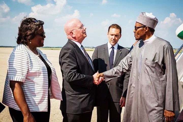 President Muhammadu Buhari being welcomed the US entourage at the John Base Andrews Airport Washington DC