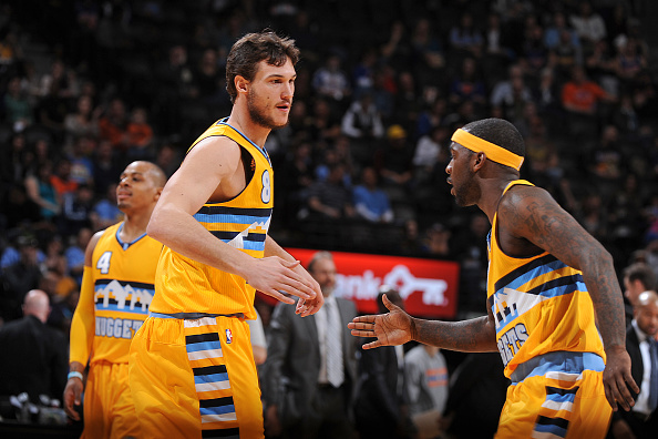 Danilo Gallinari #8 and Ty Lawson #3 of the Denver Nuggets