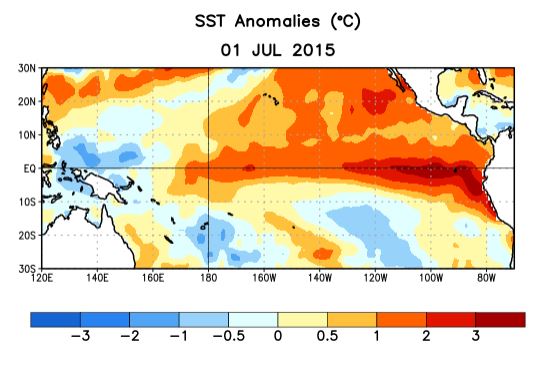 Sea surface temperature departure from normal averaged 10 June – 1 July 2015