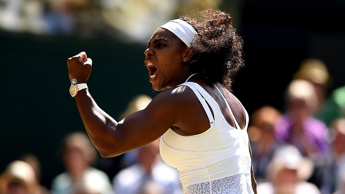 Serena Williams celebrates winning the first set against Garbine Muguruza          
    
                 
    
          Show Grid