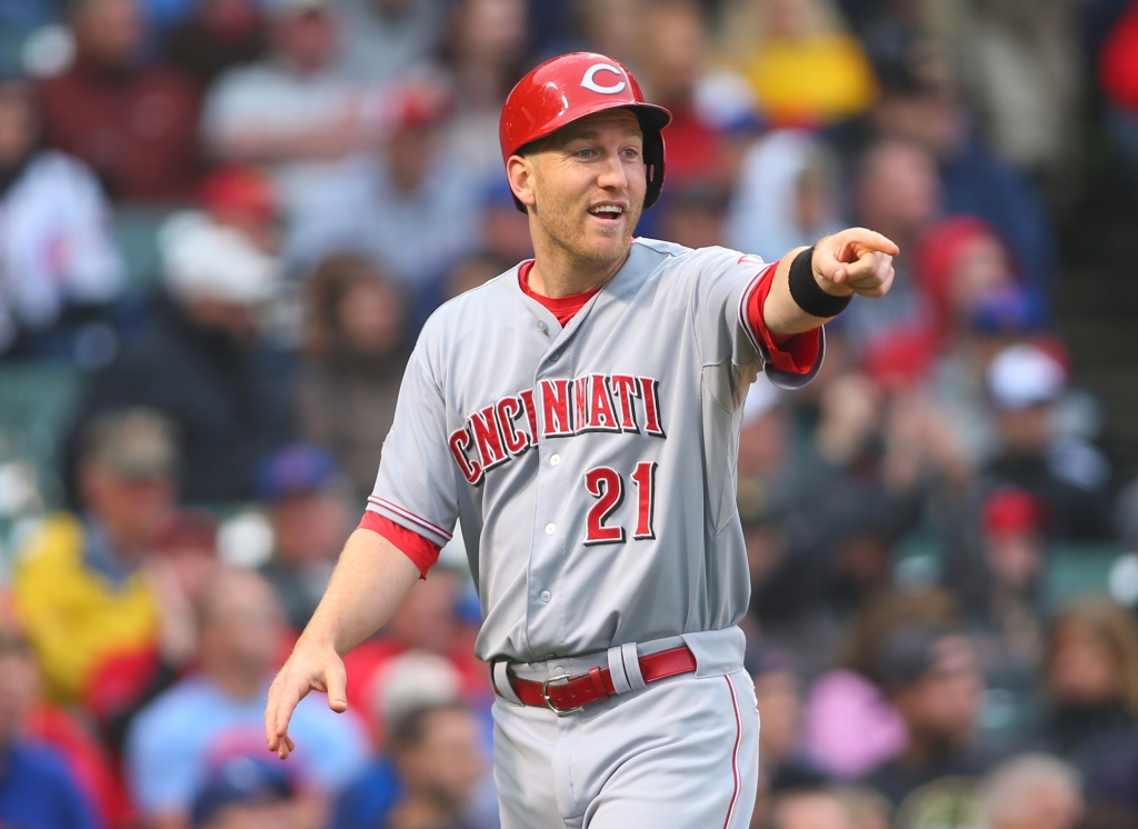 Jun 12 2015 Chicago IL USA Cincinnati Reds third baseman Todd Frazier celebrates after scoring in the tenth inning against the Chicago Cubs at Wrigley Field. The Cincinnati Reds defeated the Chicago Cubs 5-4. Mandatory Credit Caylor Arnold-USA