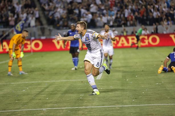 Steven Gerrard celebrates his MLS debut goal. Pic courtesy of LA Galaxy