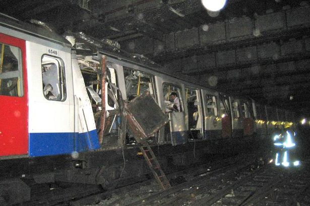 The Aldgate to Liverpool Street train seconds after the suicide bomb blast exploded