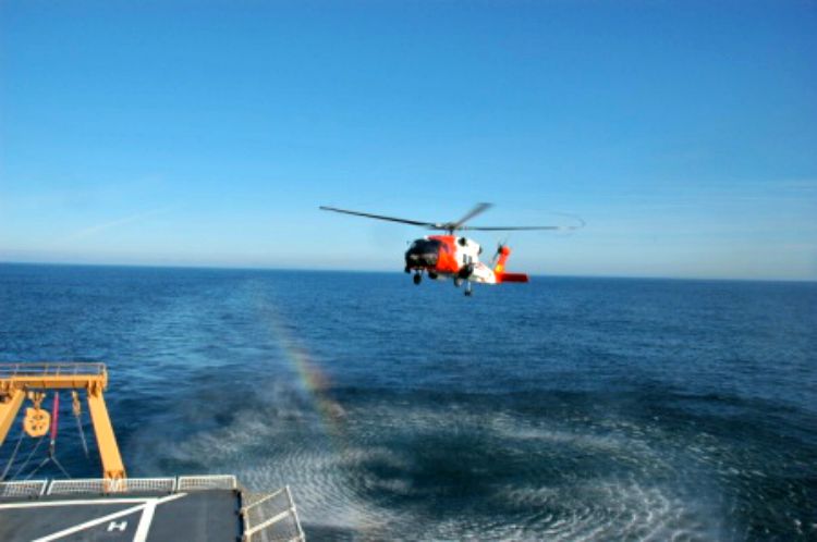 The Coast Guard's MH-60 Jayhawk helicopter doing an exercise in the Arctic in early July