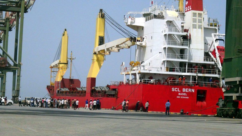 A ship carrying food aid for the UN's World Food Programme docks at the southern port of Aden Yemen 21 July 2015