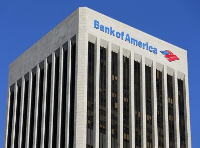 A Bank of America sign is shown on a building in downtown Los Angeles California