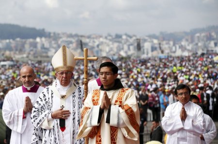 Pope Francis arrives to celebrate mass at the Bicentenario Park in Quito Ecuador