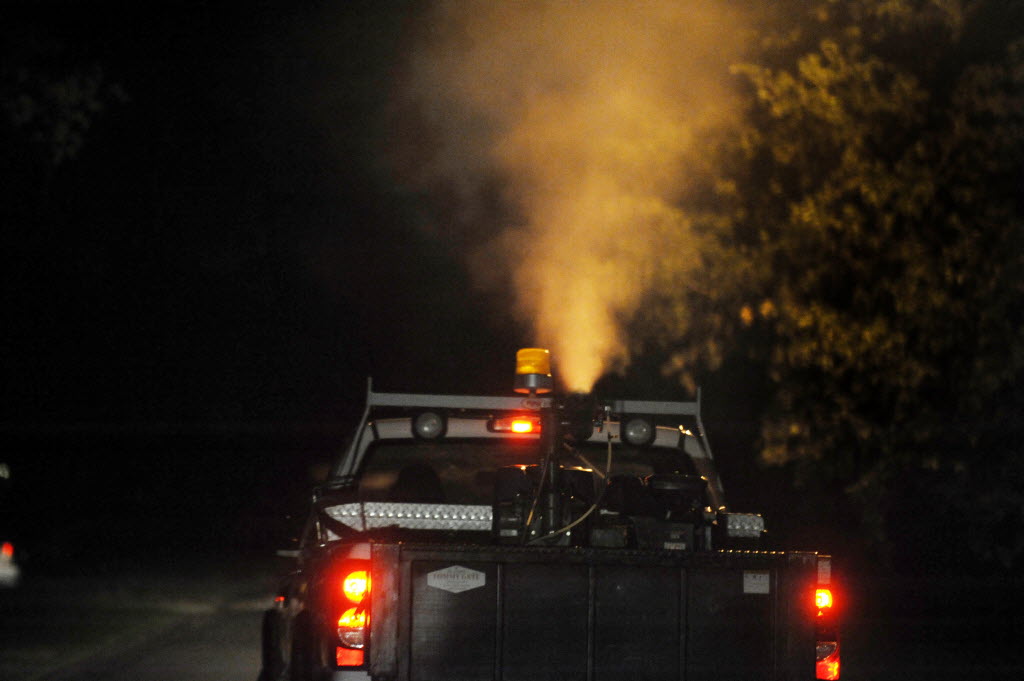 Truck-mounted spraying of insecticides is underway throughout West Nile season