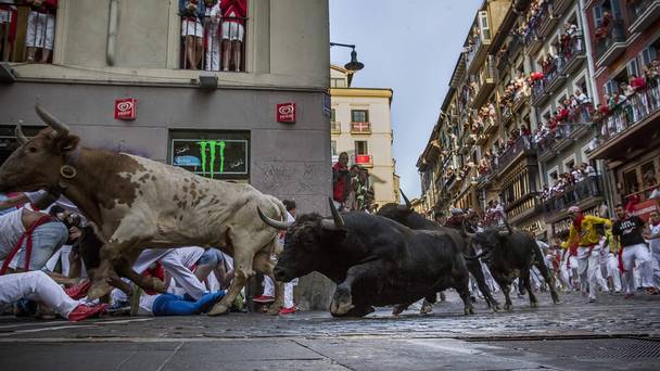 Two people were hurt during the second last day of the running of the bulls at the famous San Fermin festival in Pamplona Spain