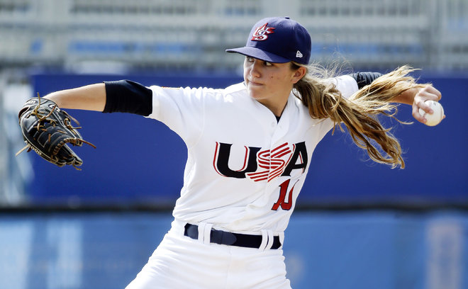 Pitcher Sarah Hudek of the United States throws during a women's baseball game against Venezuela at the Pan Am Games Monday