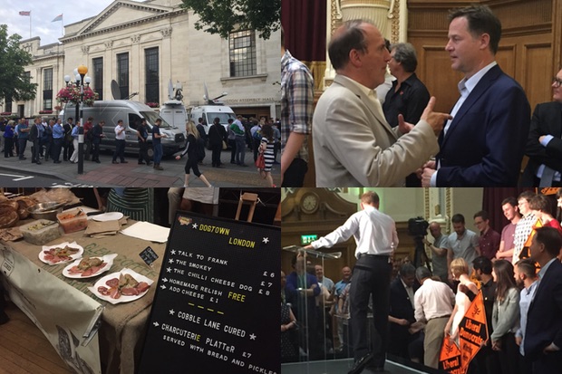 Tim Farron's victory rally  Islington Assembly Hall Nick Clegg and Simon Hughes discussing old times a fainting activist and cold meat platters