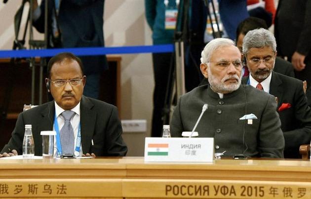 Prime Minister Narendra Modi and NSA Ajit Doval during the plenary session of Council of Heads of State of the Shanghai Cooperation Organisation at UFA in Russia