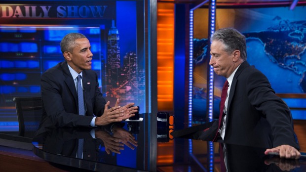 President Barack Obama left talks with Jon Stewart host during his last appearance on The Daily Show on Tuesday