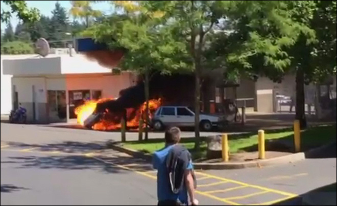 Elderly driver accelerated in reverse before slamming into gas pump