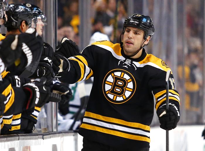 Boston Bruins&apos Milan Lucic is congratulated after a Boston goal during the first period of an NHL hockey game against the Dallas Stars in Boston Tuesday Feb. 10 2015