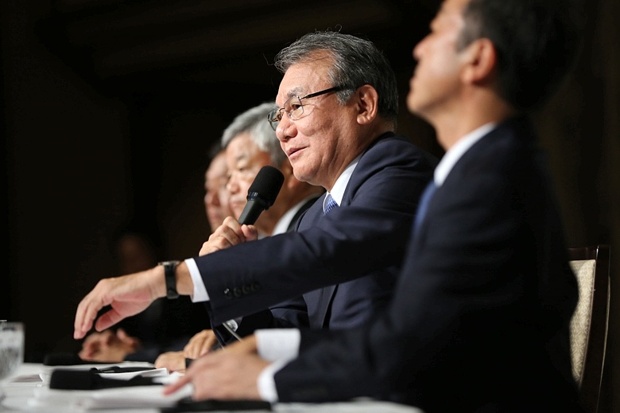 Nikkei Chairman and CEO Tsuneo Kita speaks during a press conference