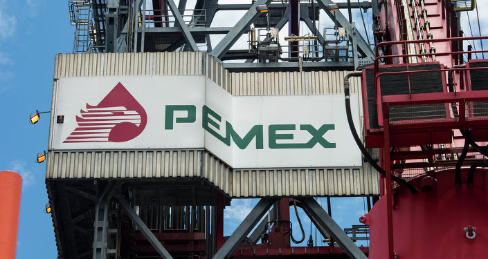 The PEMEX logotype on the tower of the drilling tower of La Muralla IV exploration oil rig operated by Mexican company Grupo R and working for Mexico's state-owned oil company PEMEX