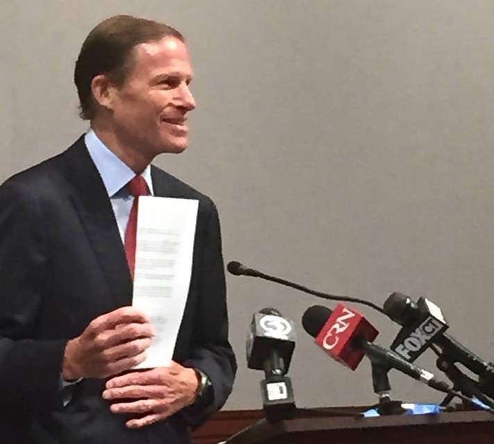 Sen. Blumenthal holds a letter he sent Tuesday to the president of West Virginia University