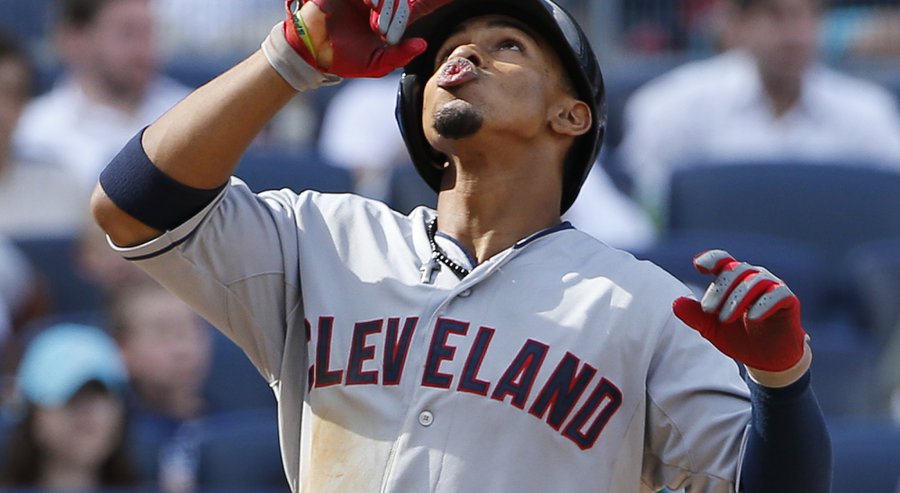 Cleveland Indians Francisco Lindor reacts after hitting a solo home run off New York Yankees relief pitcher Dellin Betances during the eighth inning of a baseball game at Yankee Stadium in New York Sunday Aug. 23 2015