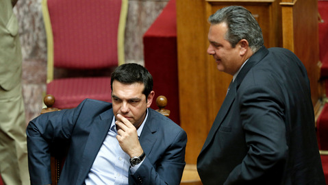 Alexis Tsipras left and Greek Defense Minister and party leader of the Independent Greeks Panos Kamenos