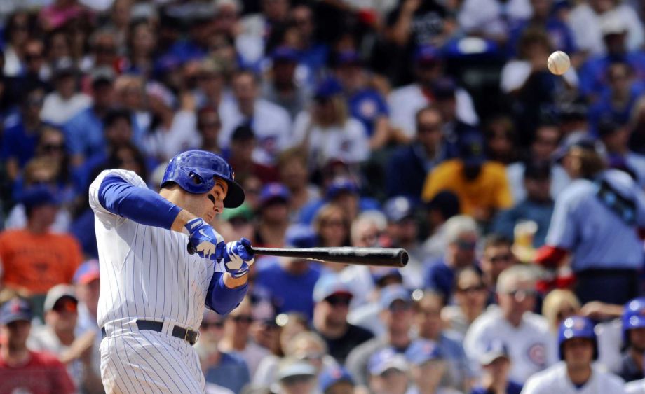 Chicago Cubs Anthony Rizzo hits an RBI triple against the Cleveland Indians during the seventh inning of a baseball game on Monday Aug. 24 2015 in Chicago