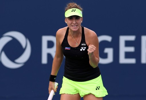 Belinda Bencic clenches her first in victory during her massive upset over Serena Williams at the Rogers Cup Saurday