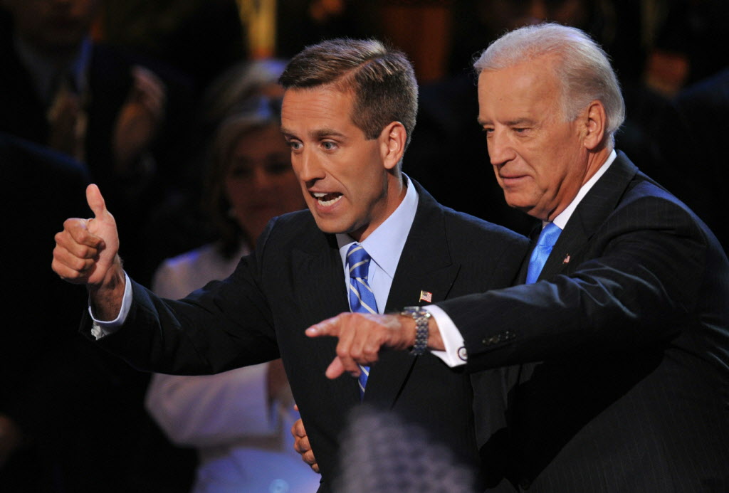 Joe Biden as vice presidential nominee and his son Beau acknowledge the crowd during the 2008 Democratic National Convention in Denver