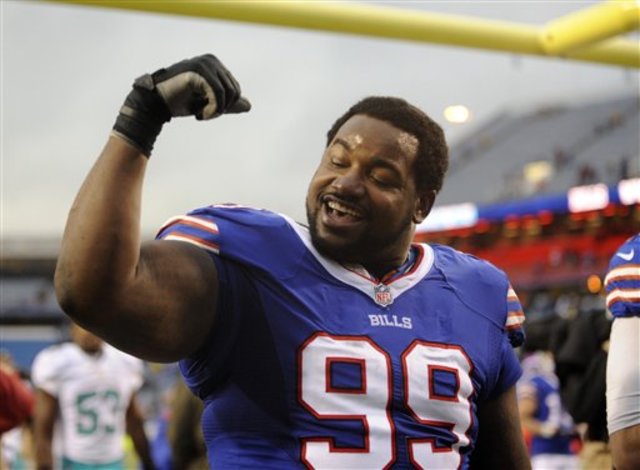 Buffalo Bills defensive tackle Marcell Dareus celebrates after an NFL football game against the Miami Dolphins