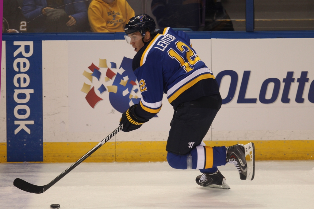 St. Louis Blues Jori Lehtera brings the puck up the ice against the Carolina Hurricanes in the first period at the Scottrade Center in St. Louis