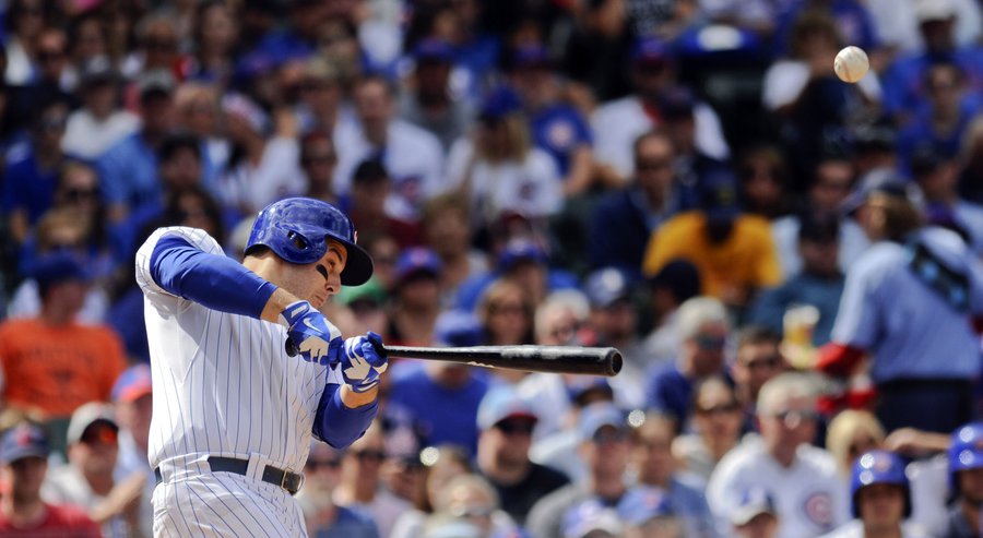 Chicago Cubs&#39 Anthony Rizzo hits an RBI triple against the Cleveland Indians during the seventh inning of a baseball game on Monday Aug. 24 2015 in Chicago