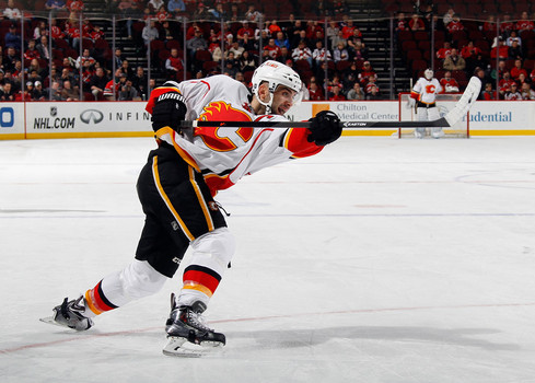 Mark Giordano #5 of the Calgary Flames skates again the New Jersey Devils at the Prudential Center