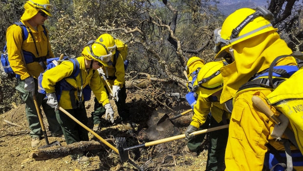 National Guardsmen assigned to the 578th Brigade Engineer Battalion and the 1st Battalion 18th Cavalry 79th Infantry Brigade Combat Team help extinguish a small fire while battling the Rocky Fire near Clear Lake Aug. 12 2015