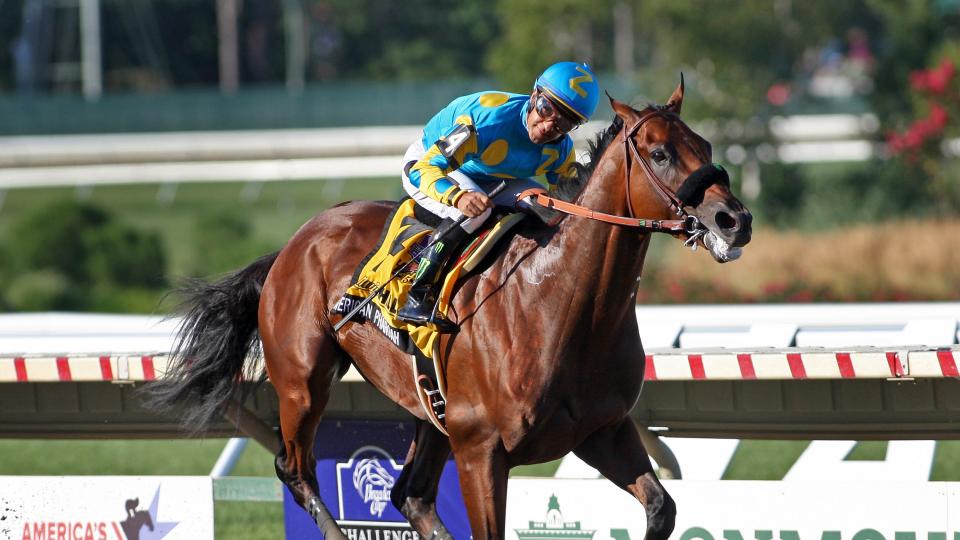 American Pharoah #4 with Victor Espinoza riding won the $1,750,000 Grade 1 William Hill Haskell Invitational at Monmouth Park in Oceanport New Jersey on Sunday Aug. 2 2015