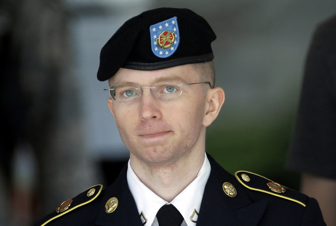 Manning then Army Pfc. Bradley Manning is escorted out of a courthouse in Fort Meade Md. after the third day of his court martial. The convicted national security leaker has been found guilty