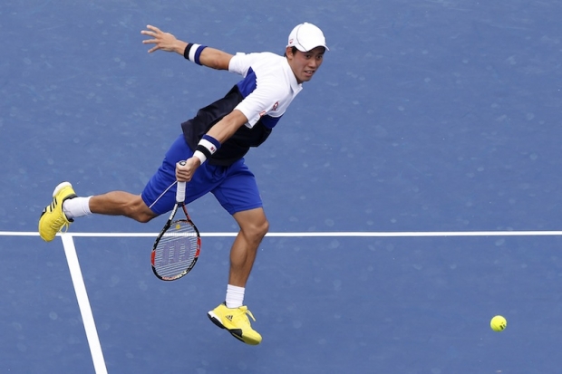 Kei Nishikori hits a volley against Sam Groth during day five of the 2015 Citi Open at Rock Creek Park Tennis Center. Nishikori won 6-4 6-4. — Reuters pic