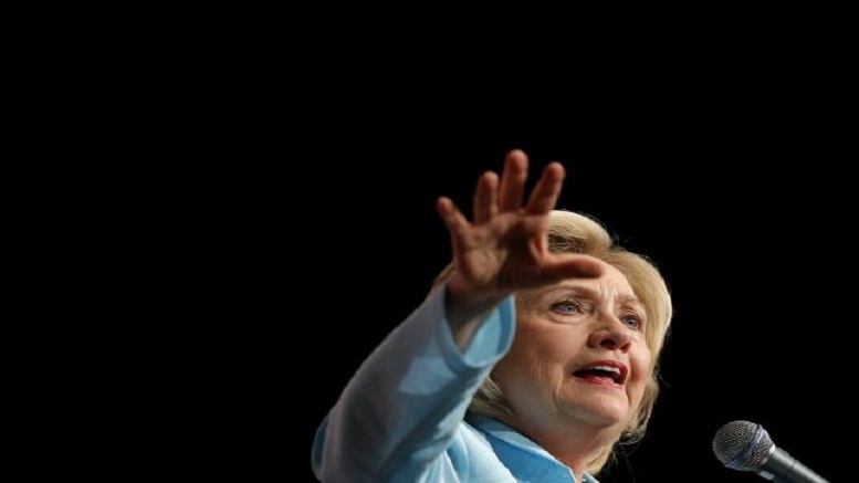 U.S. Democratic presidential candidate Hillary Clinton speaks at the Iowa Democratic Wing Ding dinner in Clear Lake Iowa United States