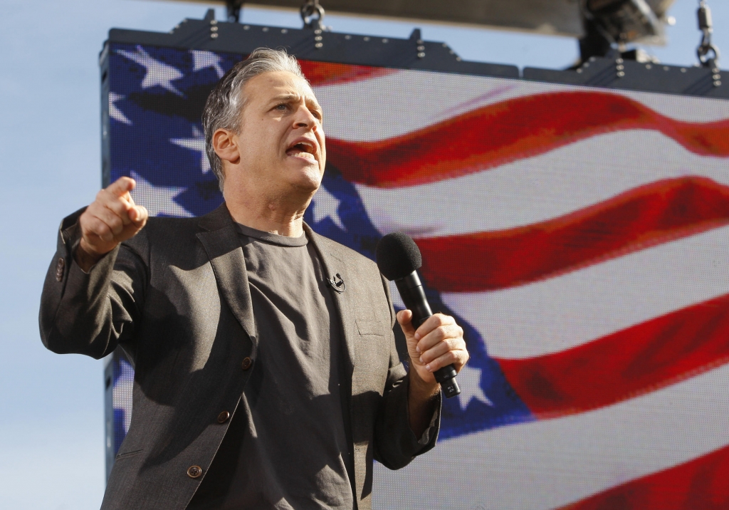 Comedian Jon Stewart addresses a crowd during the'Rally to Restore Sanity and  or Fear in Washington