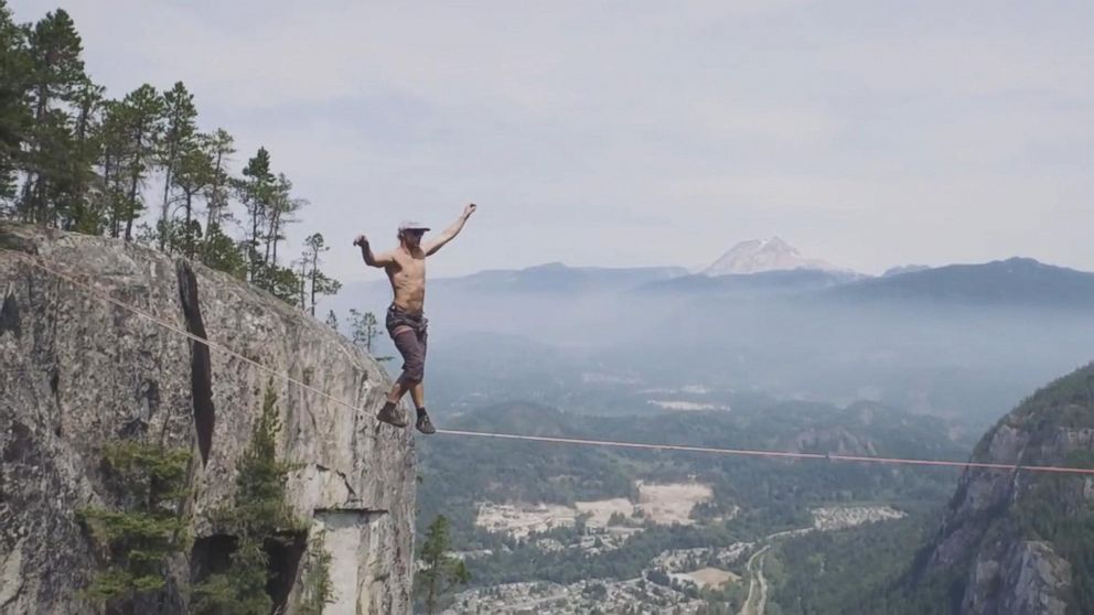 Spencer Seabrooke breaking a record for free solo slacklining Aug. 2 and posted it to his You Tube page