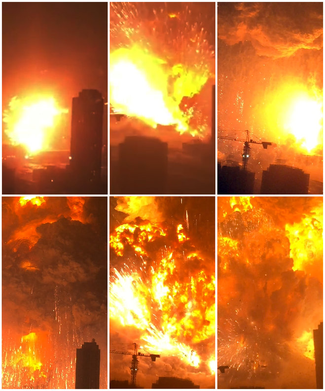 In this combination of Wednesday Aug. 12 2015 images taken from video provided by Dan Van Duren a warehouse explodes in Tianjin China as filmed from a nearby residential building. Tianjin is the world's 10th largest port. MANDA